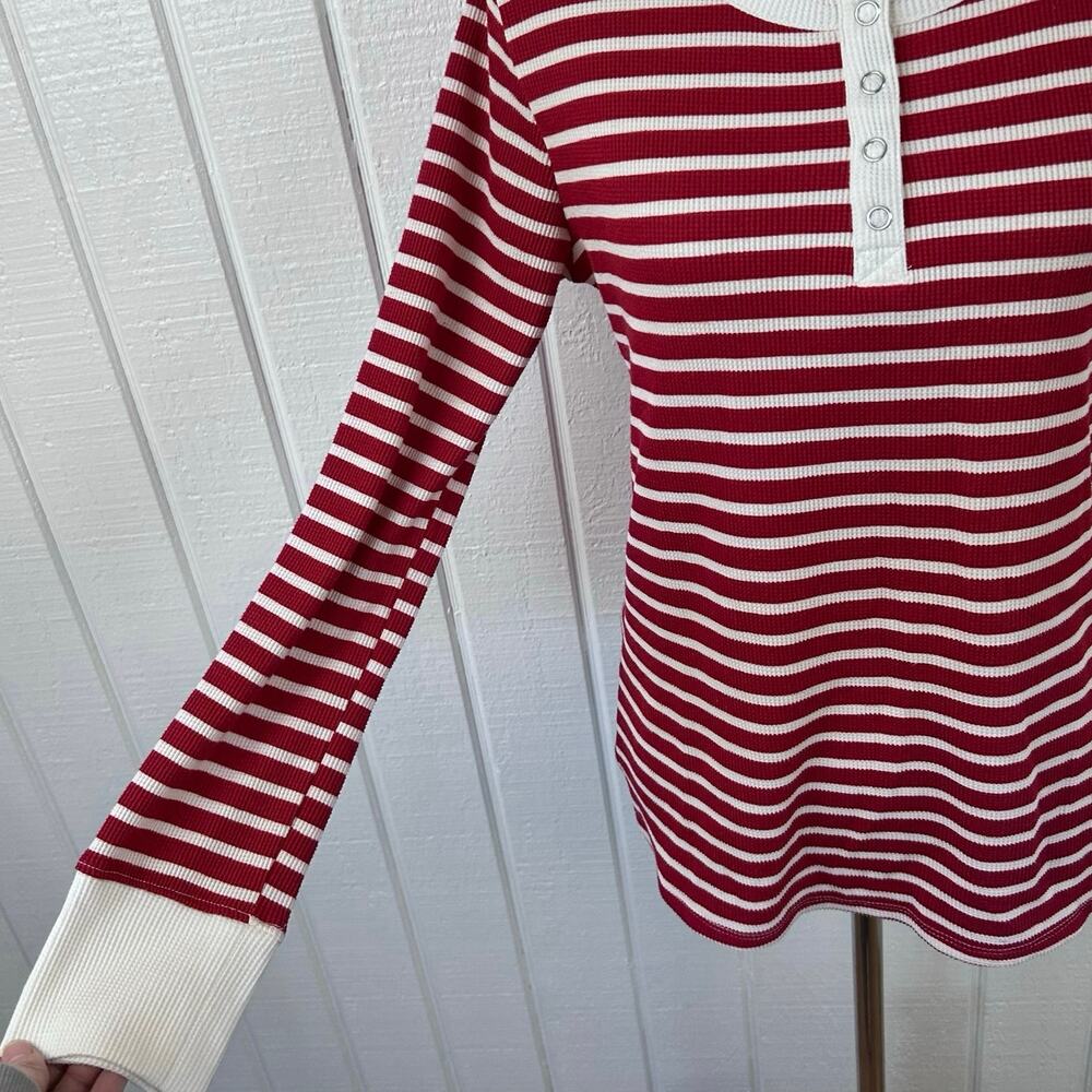 Lucky Brand Red White Stripe Henley Top Small Waffle Knit Long Sleeve Casual - Picture 3 of 6